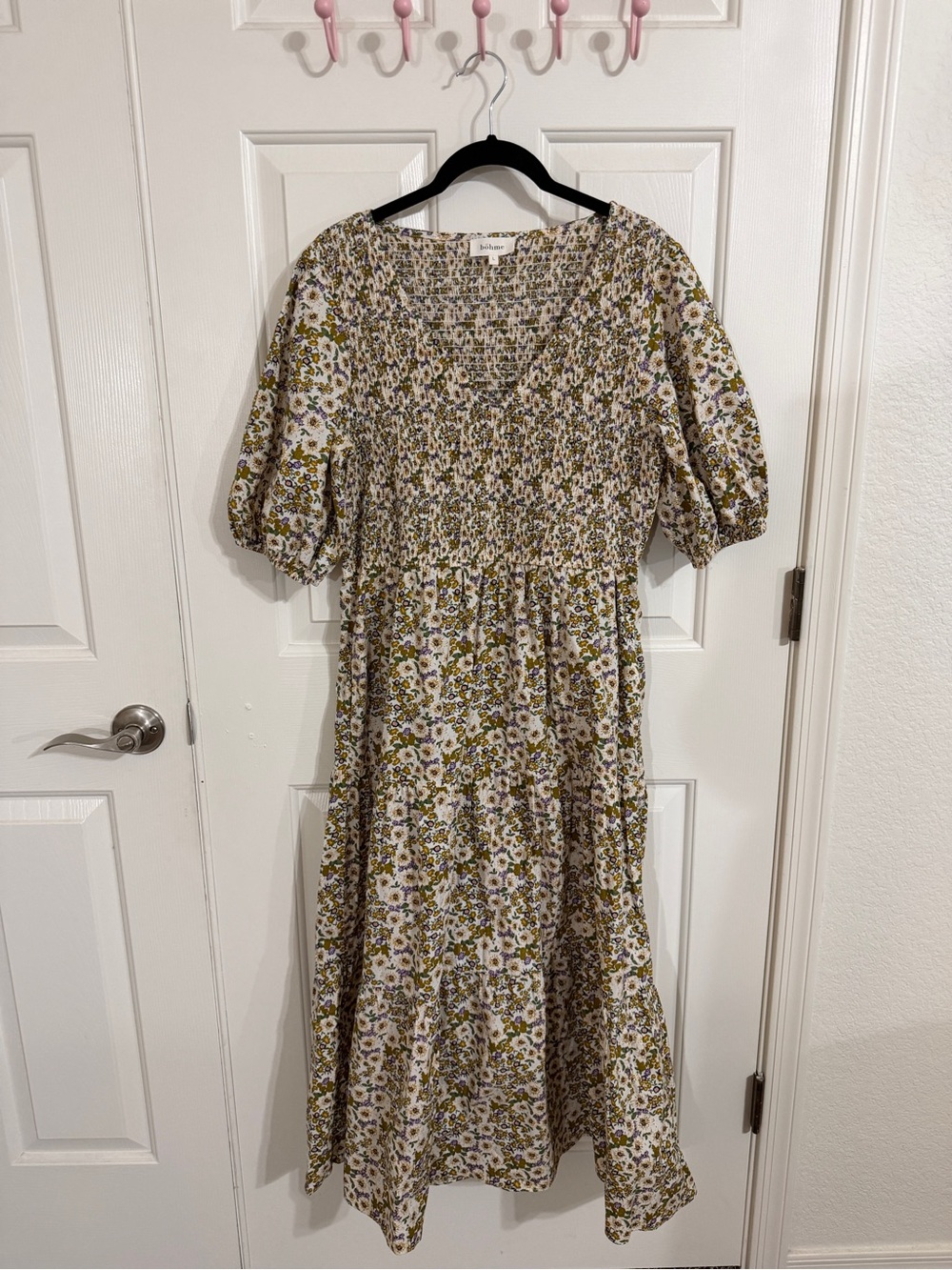 Böhme L 100% Cotton Floral Smocked Puff Sleeve Maxi Dress Pockets Boho